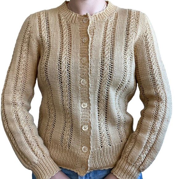 Vintage Womens Hand Knit Pastel Yellow Wool Lace Cable Dainty Cardigan Sz M - Picture 4 of 7